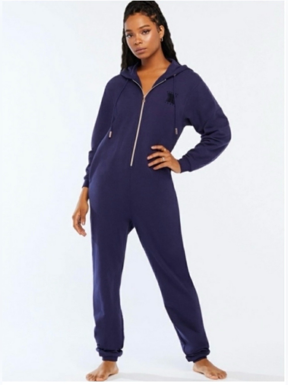 Savage X Fenty Jumpsuit Oversized Unisex S Navy Blue Hooded Fleece Half-Zip *EUC
